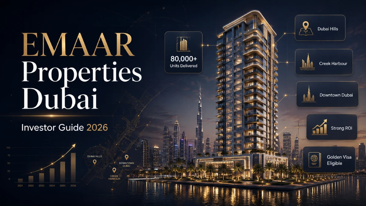 Premium Dubai real estate thumbnail showing EMAAR-style luxury property tower, investor guide 2026, Dubai Hills, Creek Harbour, Downtown Dubai, ROI and Golden Visa benefits.