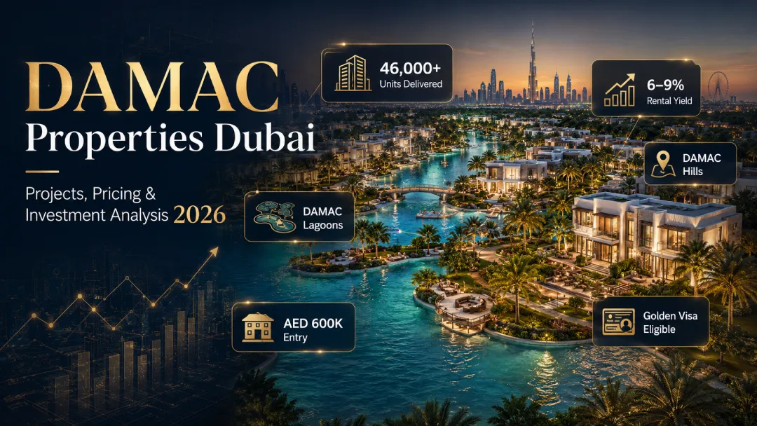DAMAC Properties Dubai investment analysis 2026 featuring DAMAC Lagoons, rental yield, AED 600K entry, Golden Visa eligibility and luxury Dubai waterfront villas.