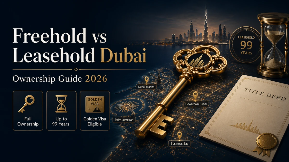 Freehold vs leasehold property Dubai ownership guide 2026 showing golden key, Dubai map, title deed, 99-year leasehold symbol and Golden Visa eligibility.