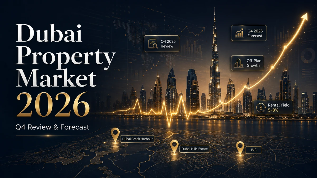 Dubai property market report thumbnail showing Q4 2025 review, Q4 2026 forecast, skyline growth chart, rental yield and key investment communities in Dubai.