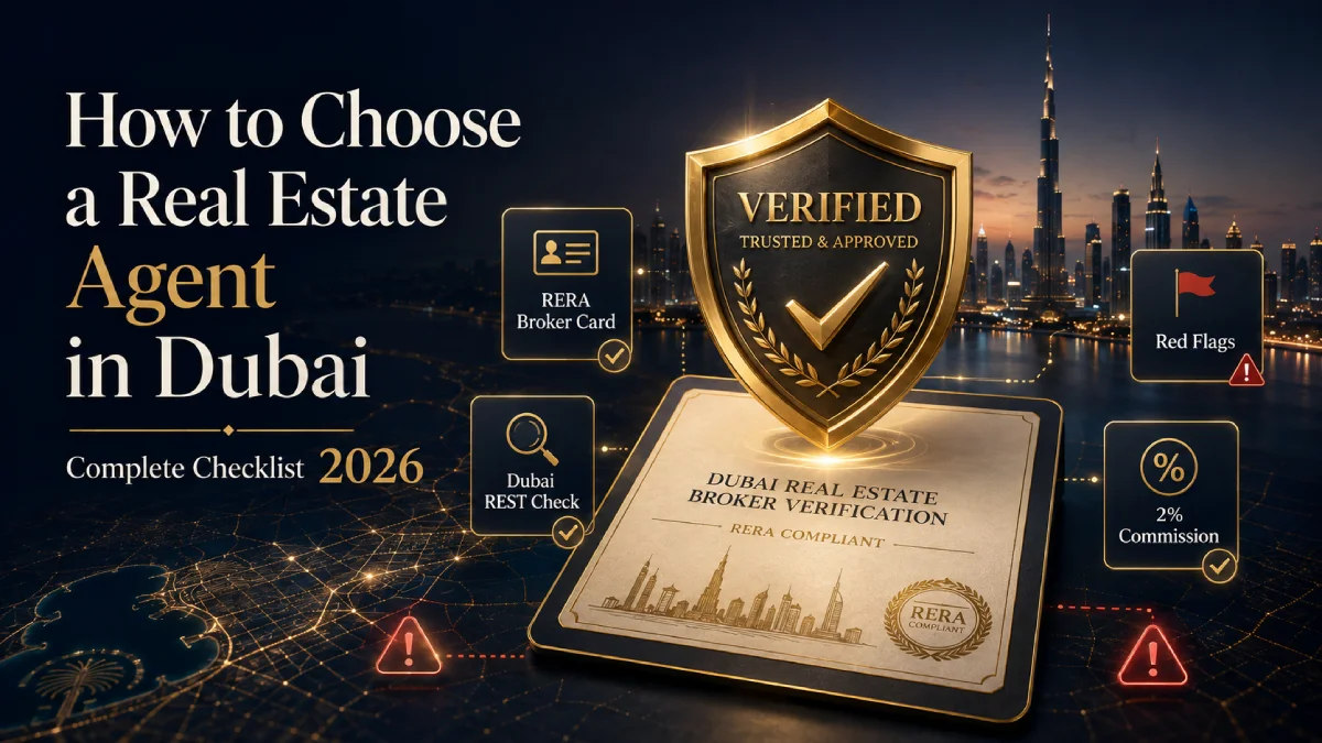 Premium Dubai real estate agent checklist thumbnail showing a verified broker shield, RERA broker card, Dubai REST check, red flags, and 2 percent commission guidance.
