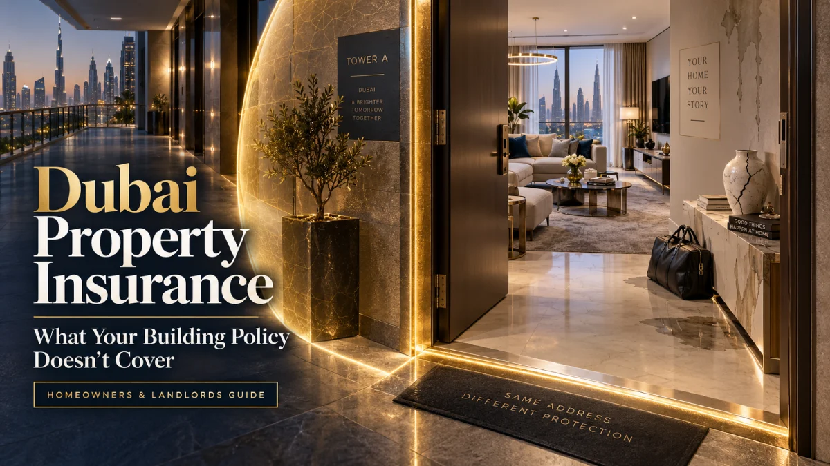 Luxury Dubai apartment entrance illustrating Dubai property insurance and coverage gaps for homeowners and landlords.