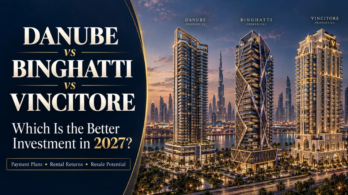 Danube vs Binghatti vs Vincitore Dubai property investment comparison 2027 featuring three luxury residential towers, payment plans, rental returns and resale potential.
