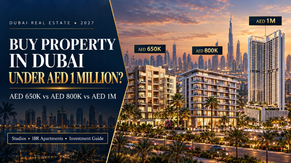 Buy property in Dubai under AED 1 million in 2027 – comparison of residential apartment buildings representing AED 650K, AED 800K and AED 1M budgets.